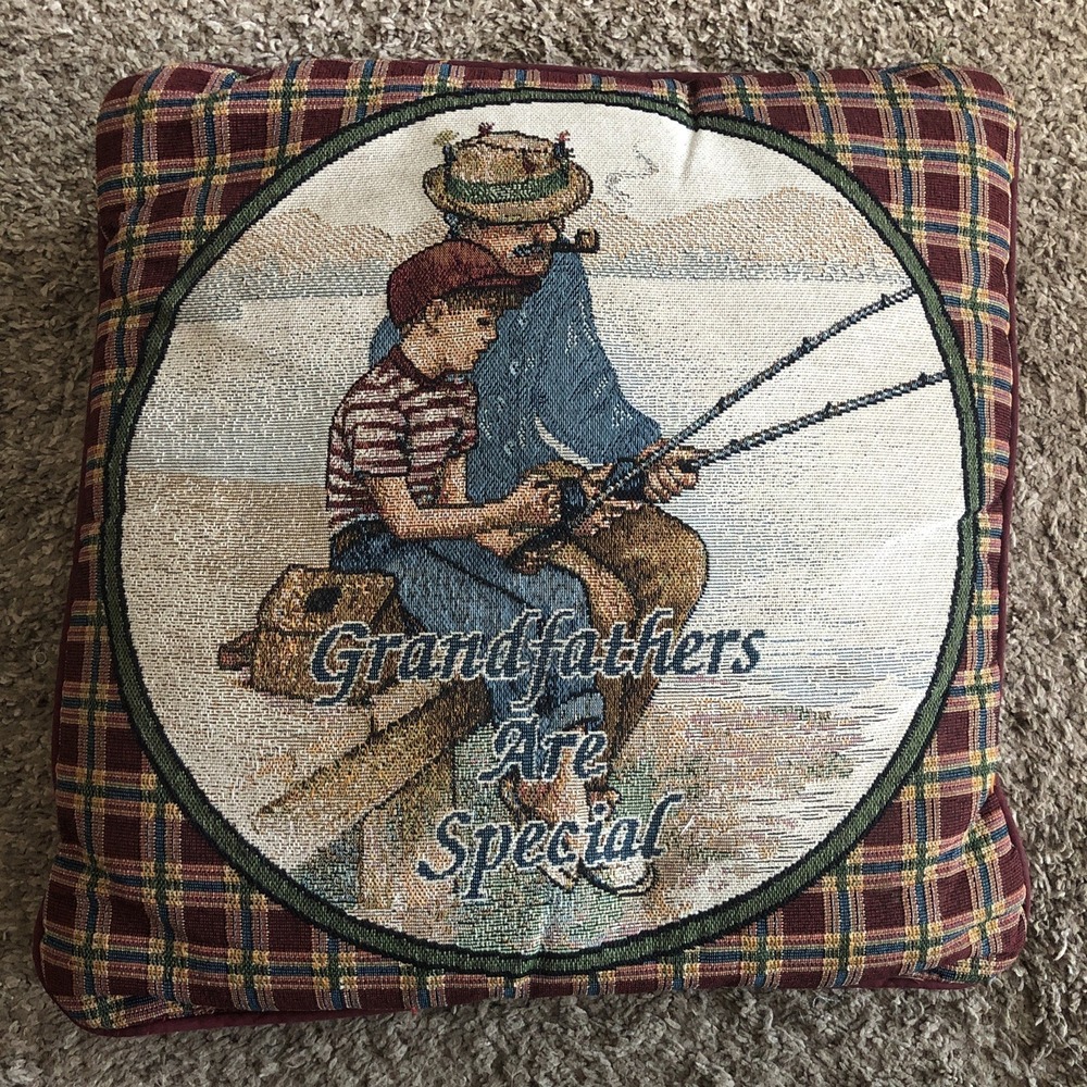 Vintage Tapestry Pillow "Grandfathers Are Special" Fishing Plaid Red 15x15